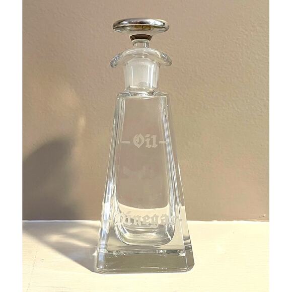 Glass Oil & Vinegar Dispenser / Bottle, Silver Lid, Etched Details - Picture 1 of 6